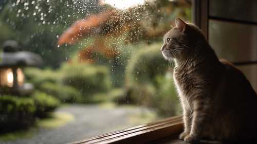 室内から雨を見つめる猫