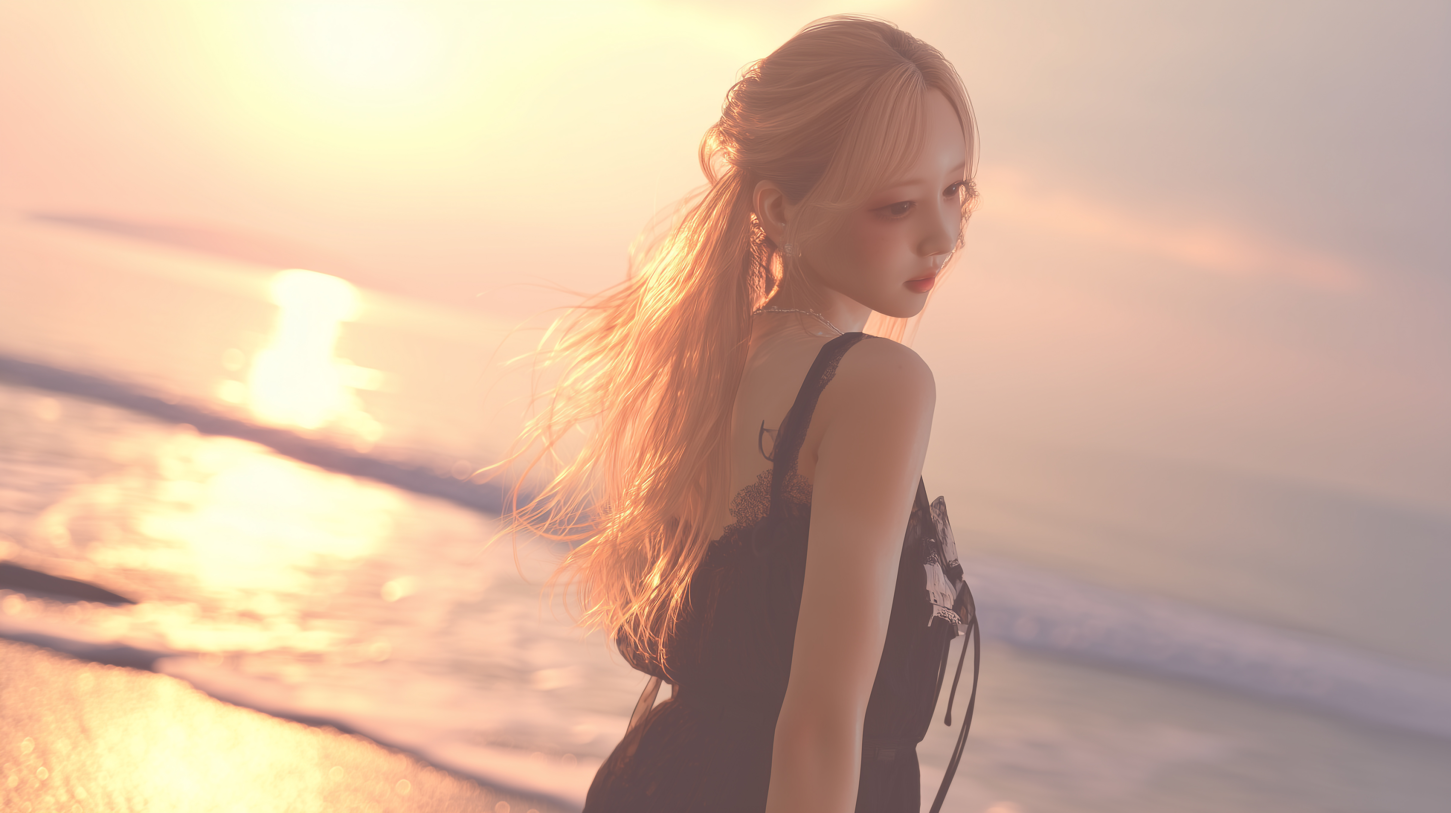 夕暮れの海辺に佇む女性