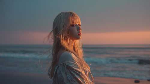 夕暮れの海を見つめる女性