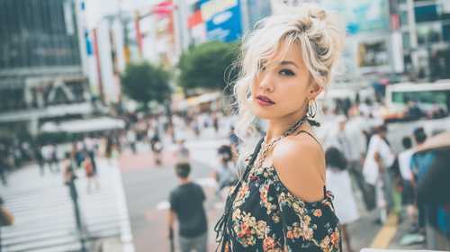 街角に立つおしゃれな女性