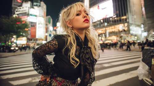 渋谷の交差点でポーズをとる金髪の若い女性