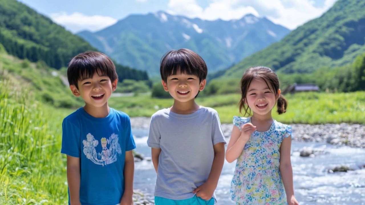 夏の川辺で笑う子どもたちの映像