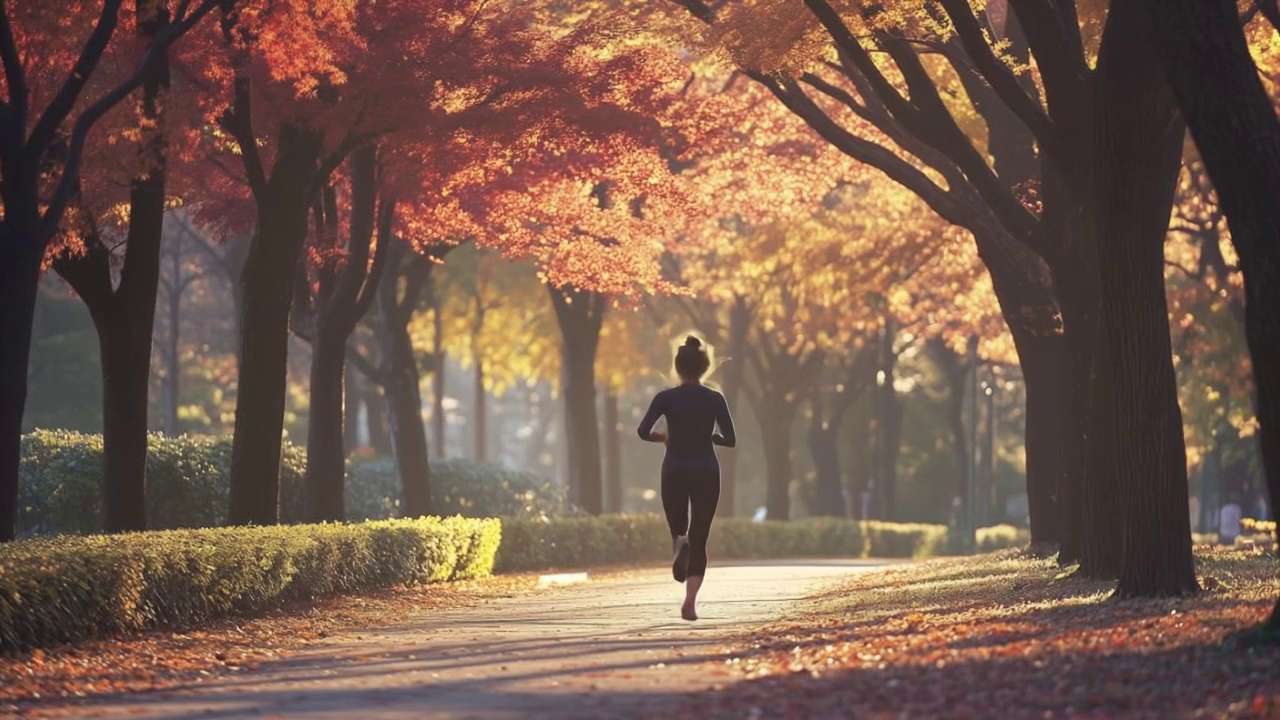 紅葉の並木道を走る女性の映像