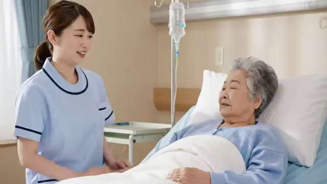 入院中の高齢者と看護師が会話する映像