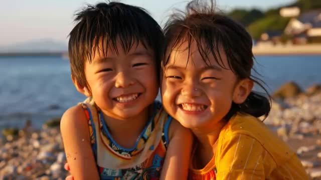 浜辺で笑顔の兄と妹