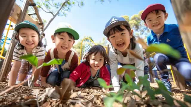 小さな虫を見つけた子供たち