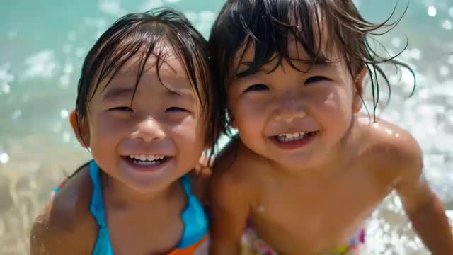 海水浴場で笑顔の兄と妹
