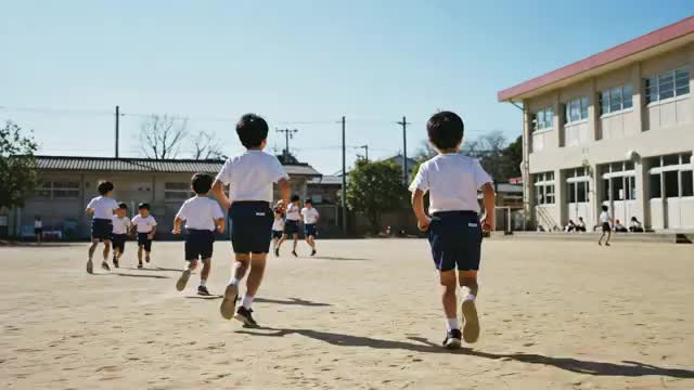 運動場を走る小学生たち