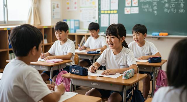 小学校の教室で笑顔の生徒たち