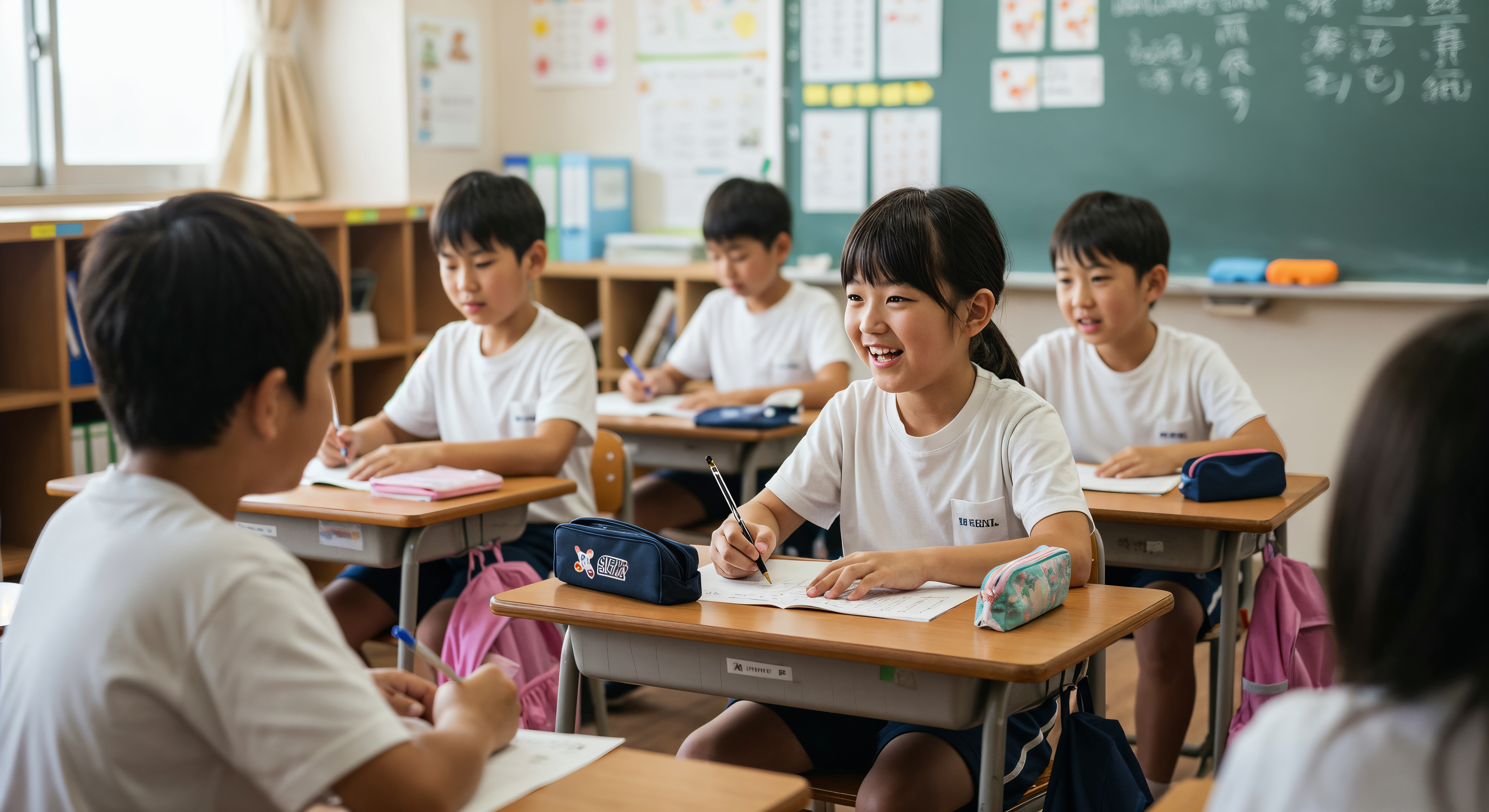 小学校の教室で笑顔の生徒たち