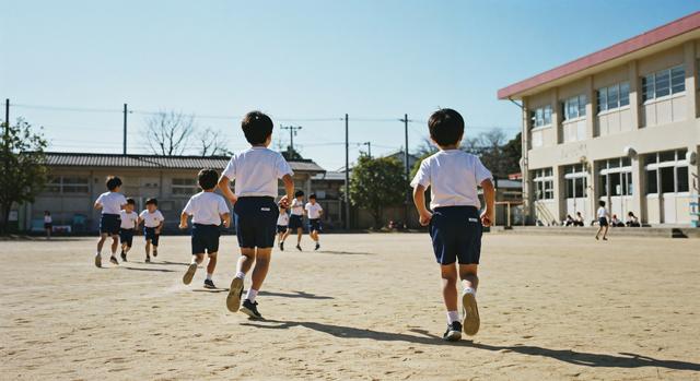 運動場を走る小学生たち