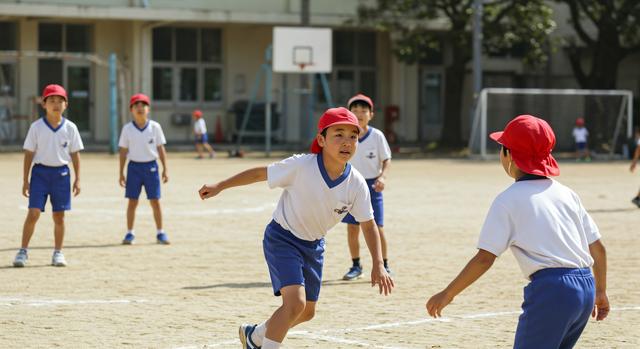 運動場を走る小学生たち