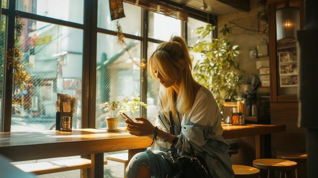 カフェでスマホ操作する若い女性