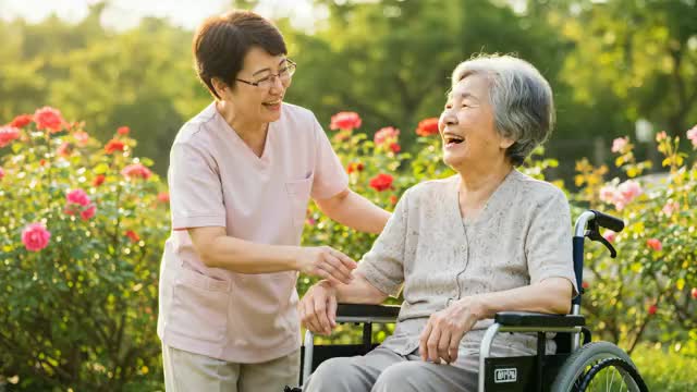 車椅子に座る老人女性と介護師の女性の笑顔