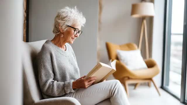 イスに座って読書中の外国人の高齢女性