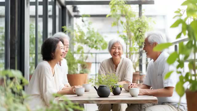 カフェで談笑中の中高年の男女