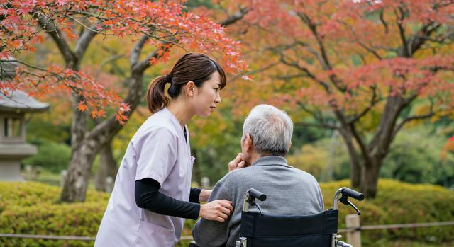 車椅子に座る老人男性と介護師の女性