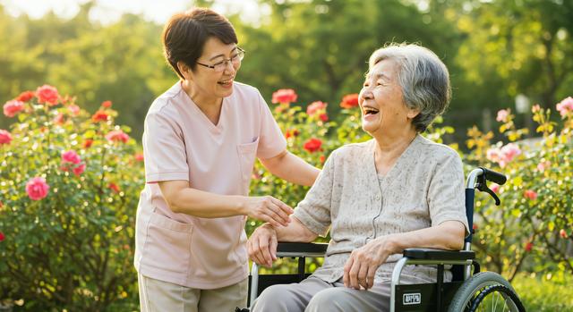 車椅子に座る老人女性と介護師の女性の笑顔