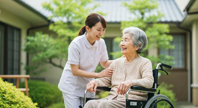 車椅子に座る老人女性と介護師の女性の笑顔