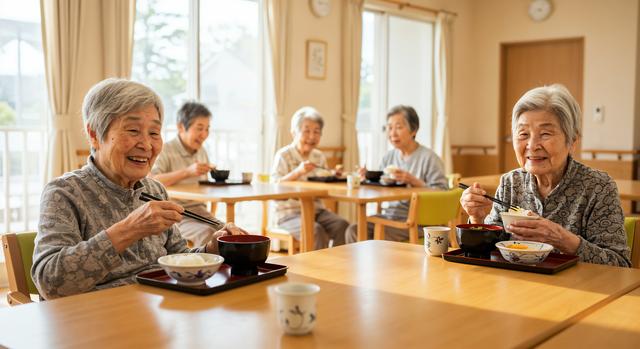 老人ホームで食事中の高齢者たち