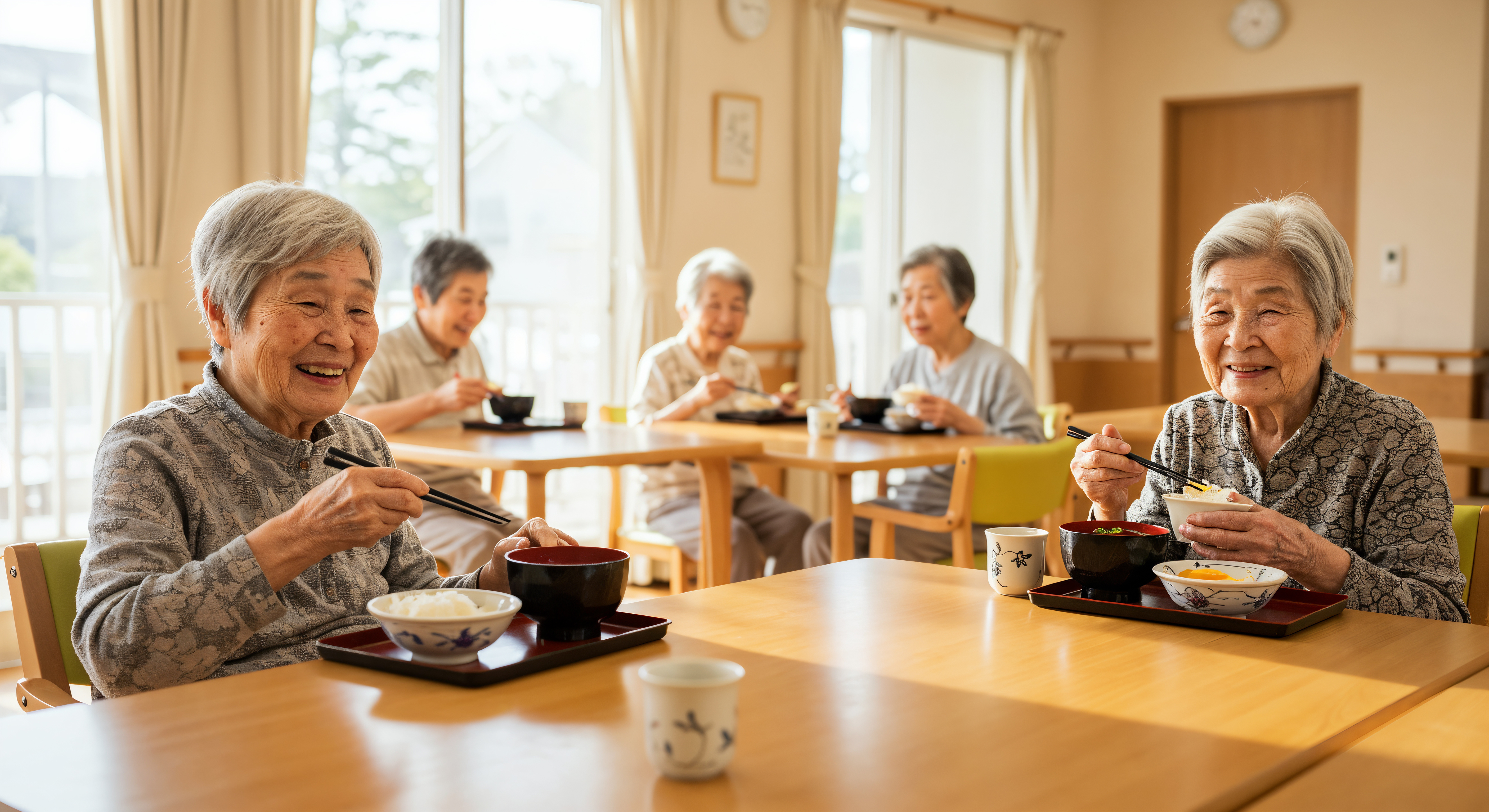 老人ホームで食事中の高齢者たち