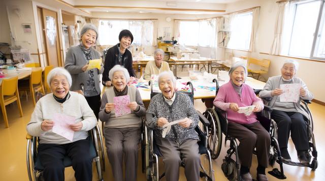 老人福祉施設での高齢者たちの笑顔