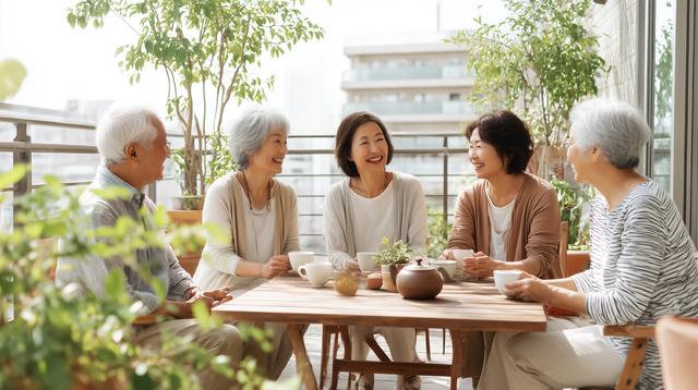 カフェで談笑中の中高年の男女