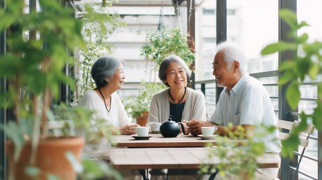 カフェで談笑中の中高年の男女