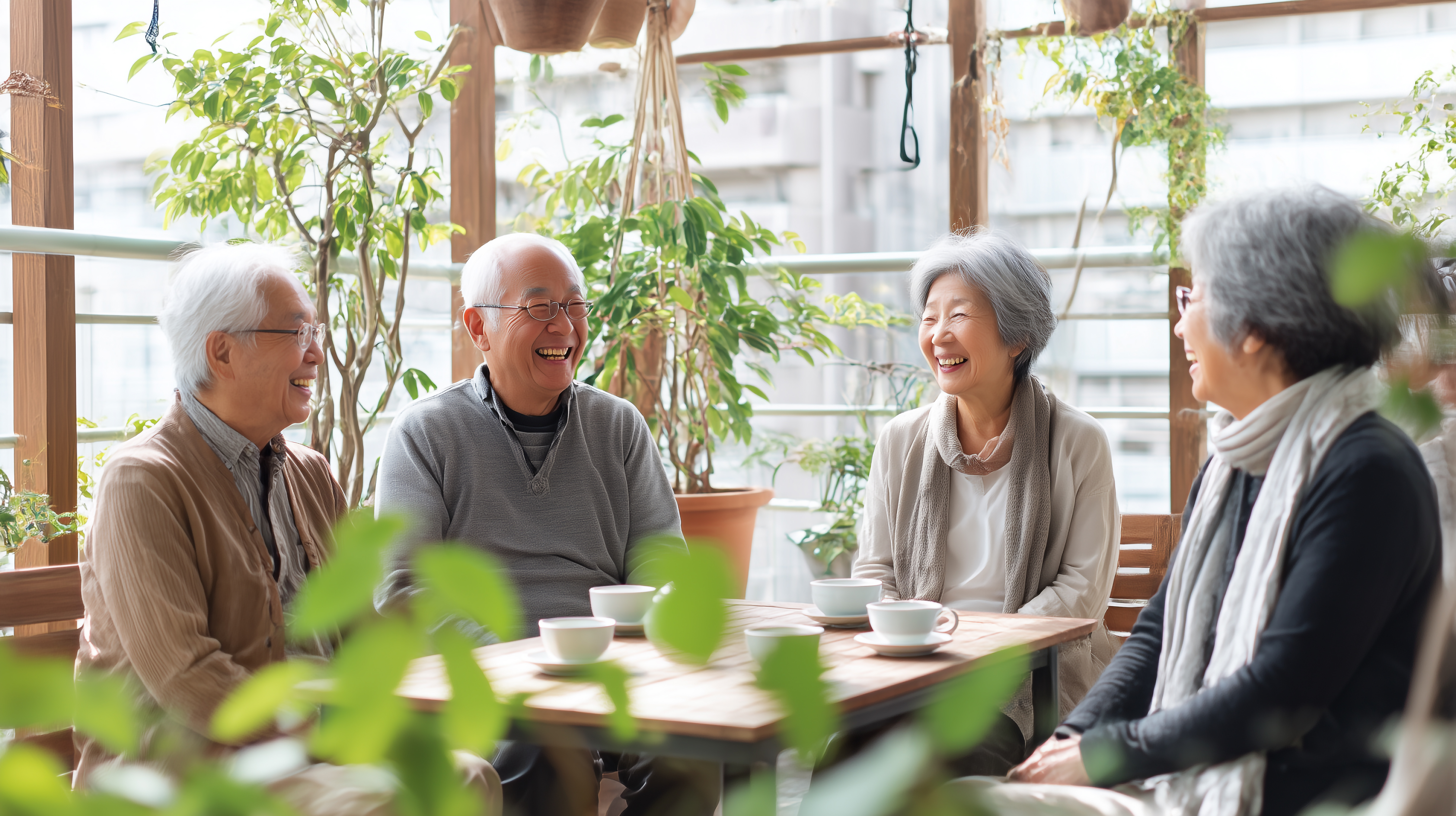 カフェで談笑中の中高年の男女