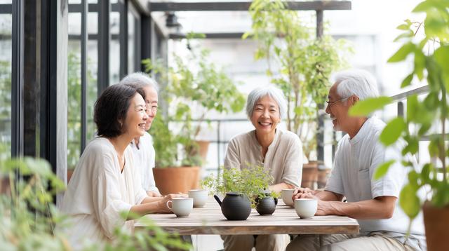 カフェで談笑中の中高年の男女