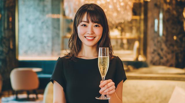 シャンパンを持つ若い女性